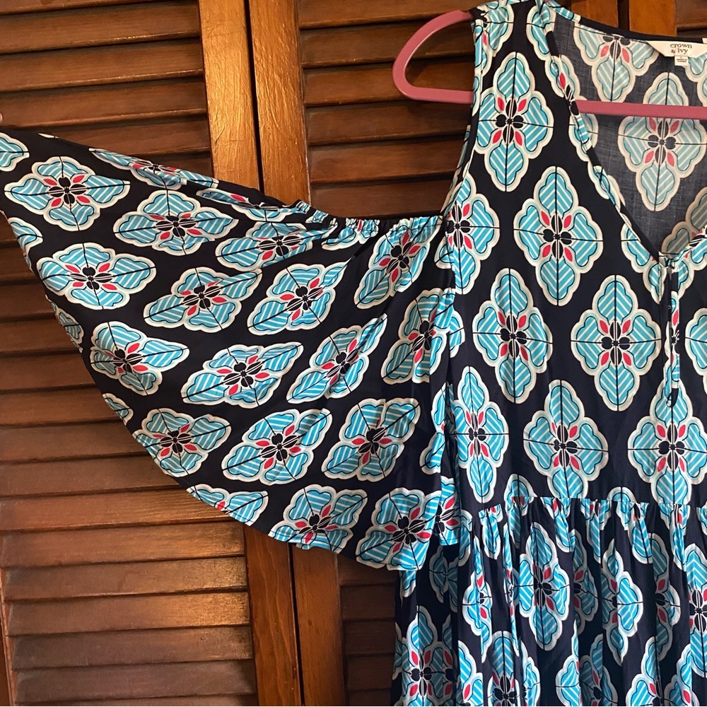 Blue patterned ruffle sleeve dress - Picture 4 of 6